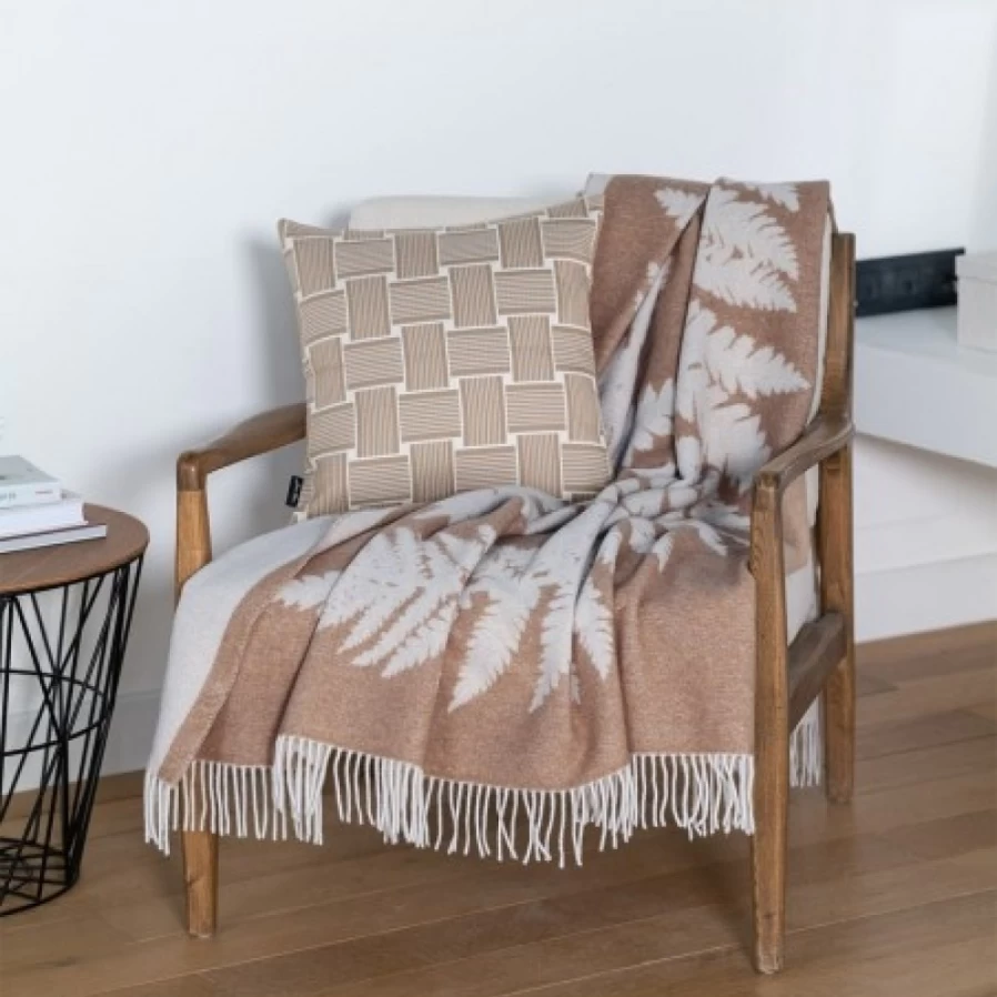 JEAN-VIER Beige Cashmere Wool Blend Blanket with Elegant Fern Design - Luxurious Soft Throw for Cozy Comfort