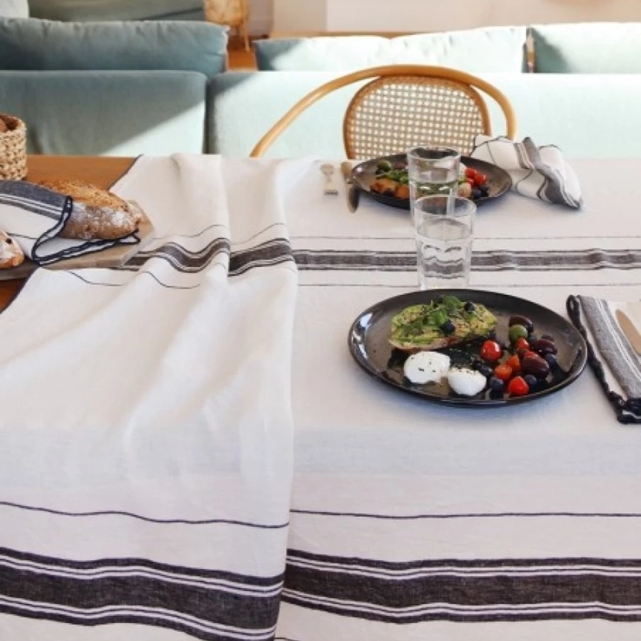 JEAN-VIER White Ivory Striped Linen Tablecloth - Elegant Dining Decor