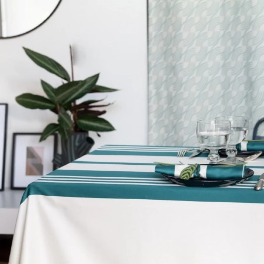 JEAN-VIER Green Striped Cotton Satin Tablecloth - Elegant Dining Decor