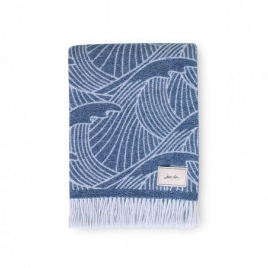 JEAN-VIER Blue Cashmere Wool Blend Blanket - Luxurious Wave Design for Cozy Comfort