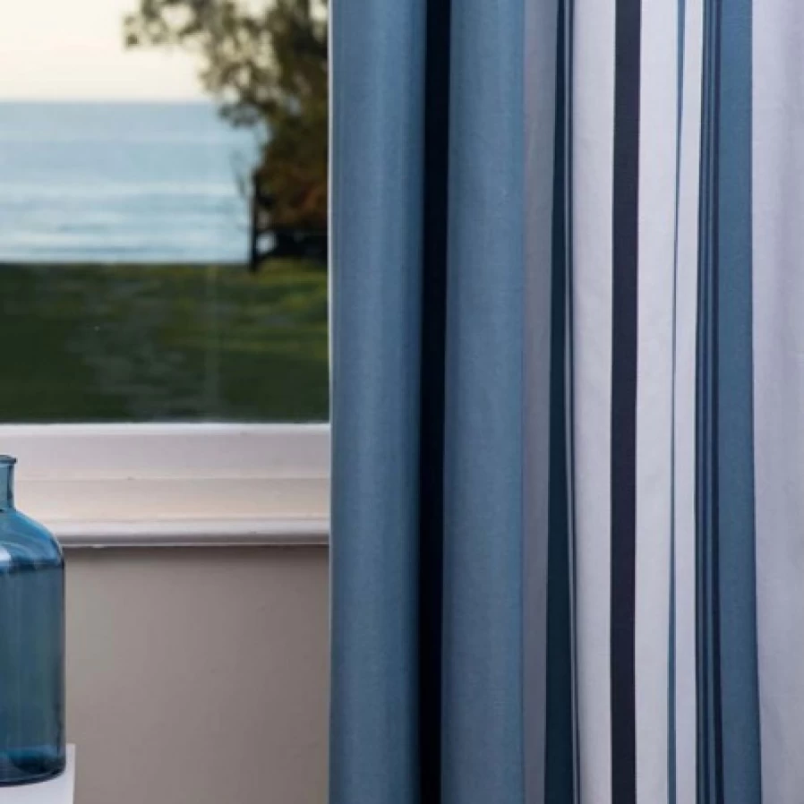 JEAN-VIER Blue Herringbone Cotton Curtains - Woven Textured Window Drapes for Living Room & Bedroom