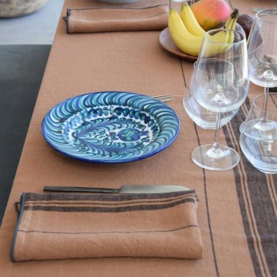 JEAN-VIER Striped Terracotta Linen Tablecloth - Rustic Dining Decor